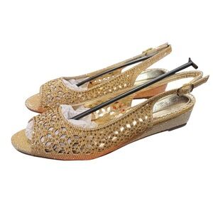 Bella Hanna Gold Rhinestone Peep-toe Slingback Wedge Sandals - Size 8 -NWT/ NIB